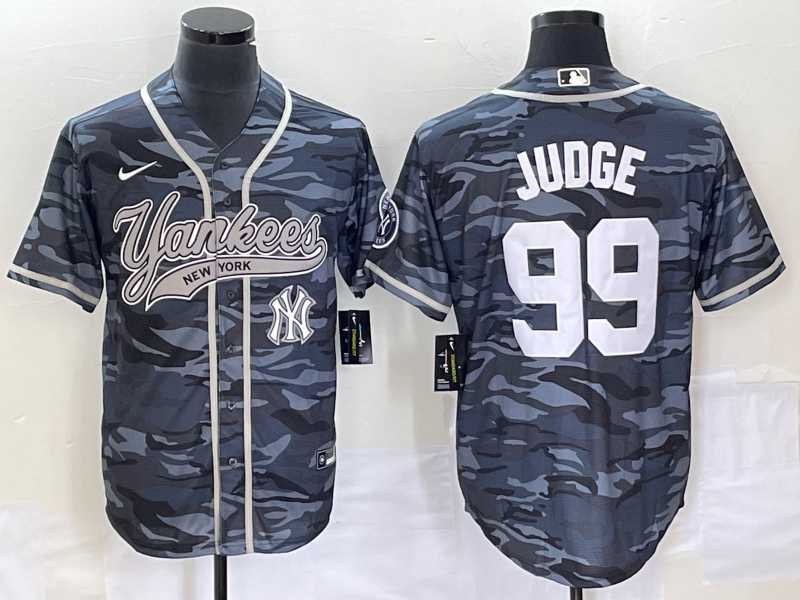 Mens New York Yankees #99 Aaron Judge Grey Camo Cool Base With Patch Stitched Baseball Jerseys